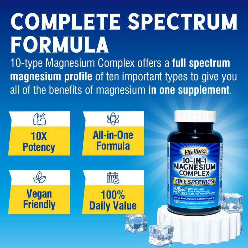 Vitalibre Magnesium Complex Supplement, 10 in 1 - Glycinate, Malate, Taurate and More, 420Mg, 100% DV, Extra Strength, Nerve, Bone, Muscle, Digestive & Heart, 120 Caps