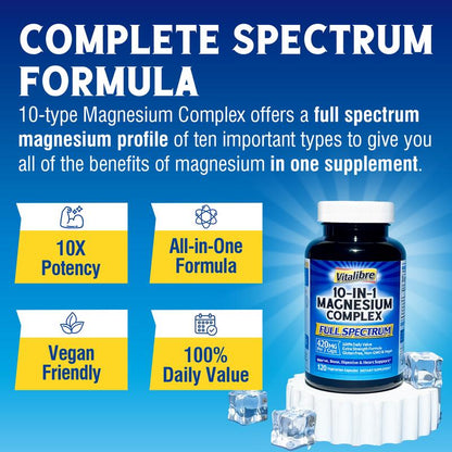 Vitalibre Magnesium Complex Supplement, 10 in 1 - Glycinate, Malate, Taurate and More, 420Mg, 100% DV, Extra Strength, Nerve, Bone, Muscle, Digestive & Heart, 120 Caps