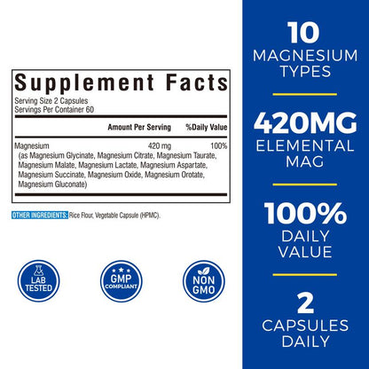 Vitalibre Magnesium Complex Supplement, 10 in 1 - Glycinate, Malate, Taurate and More, 420Mg, 100% DV, Extra Strength, Nerve, Bone, Muscle, Digestive & Heart, 120 Caps