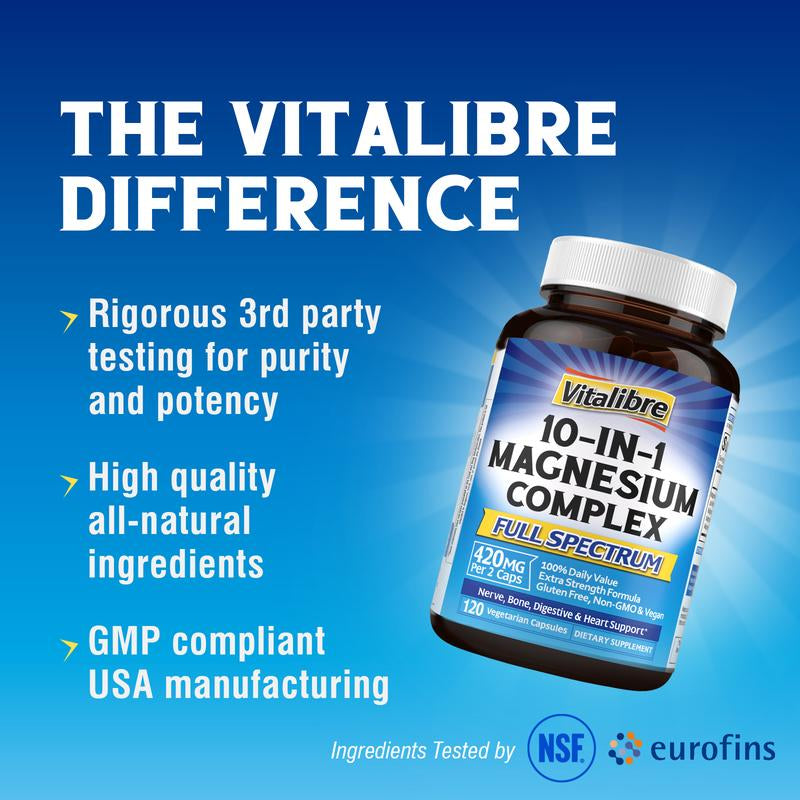 Vitalibre Magnesium Complex Supplement, 10 in 1 - Glycinate, Malate, Taurate and More, 420Mg, 100% DV, Extra Strength, Nerve, Bone, Muscle, Digestive & Heart, 120 Caps