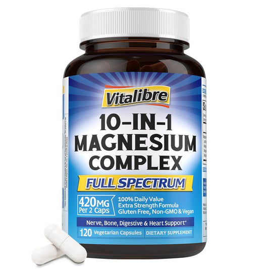 Vitalibre Magnesium Complex Supplement, 10 in 1 - Glycinate, Malate, Taurate and More, 420Mg, 100% DV, Extra Strength, Nerve, Bone, Muscle, Digestive & Heart, 120 Caps